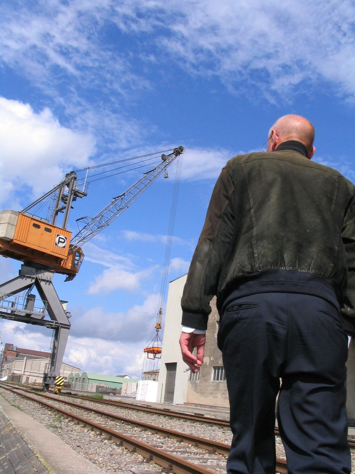 Ein Mann mit Glatze steht von hinten gesehen am Hafen und blickt über Gleise auf einen Kran