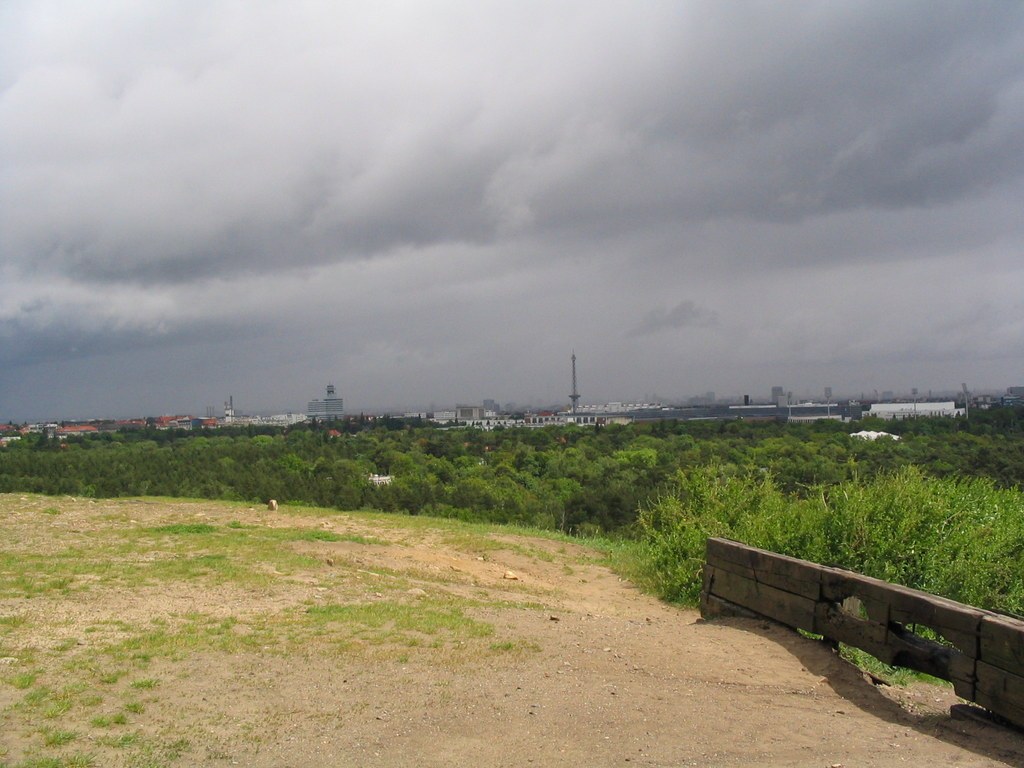 Blick vom Teufelsberg über Wald auf die Berliner Silhouette mit dem Funkturm unter dunklen Wolken